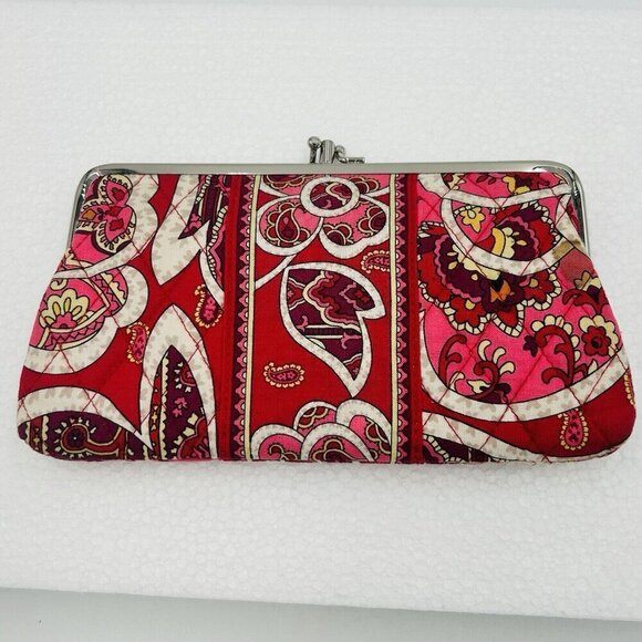 Vera Bradley Rosy Posies Retired Kiss Lock Clutch Wallet Quilted Pink Red - Picture 4 of 6